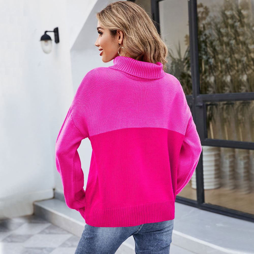 Fashion Color Contrast Turtleneck Sweater for Women Oversized Pullover Women