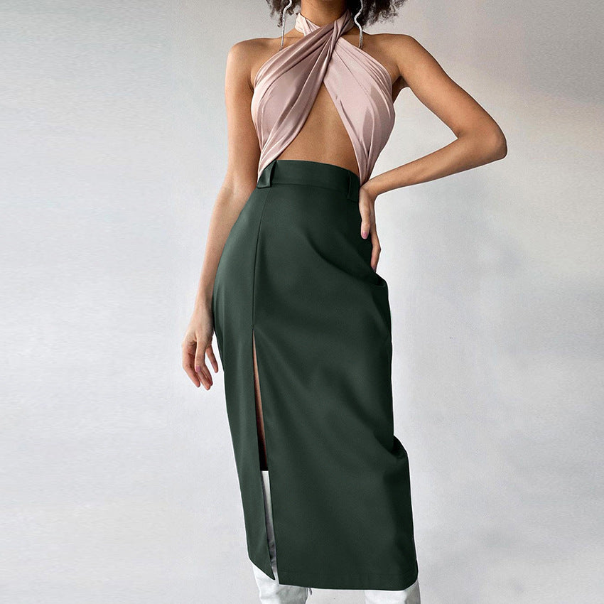 Pu Matte Leather Skirt Split Long Skirt Women's Slimming High Waist Commuter Women Black Dress