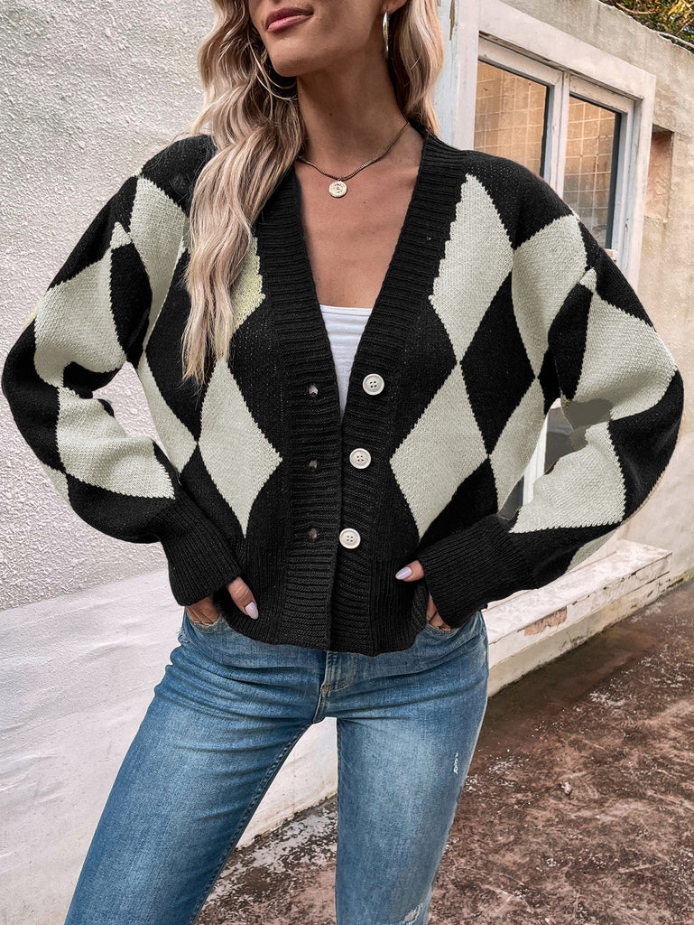 Diamond Lattice Breasted Split Sweater Coat for Women