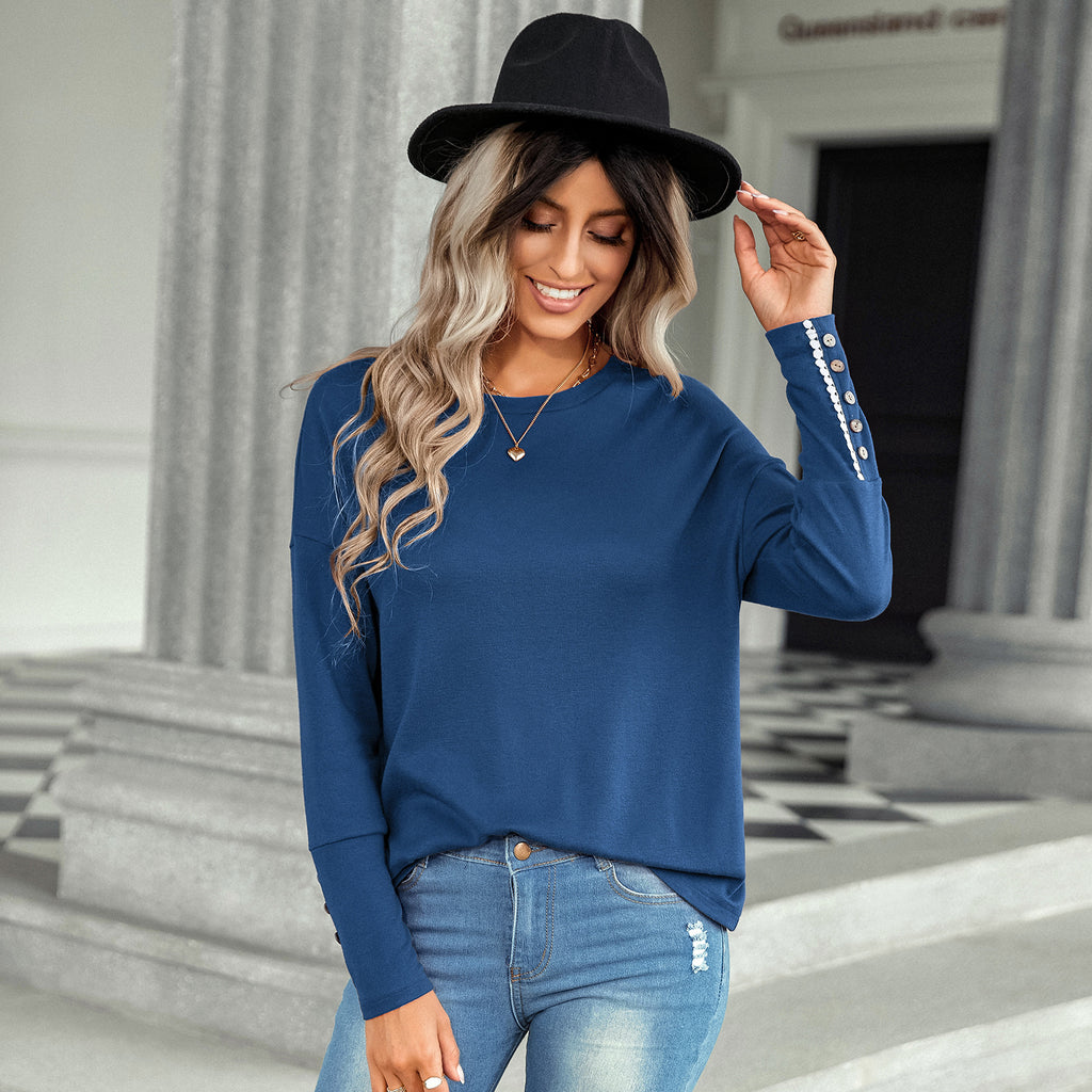 2022 New Solid Color Loose Top Women's American Station European and American Style Fashion Casual round Neck T-shirt