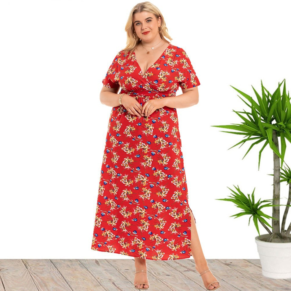 Women 'S Floral Dress V-neck Slit Dress