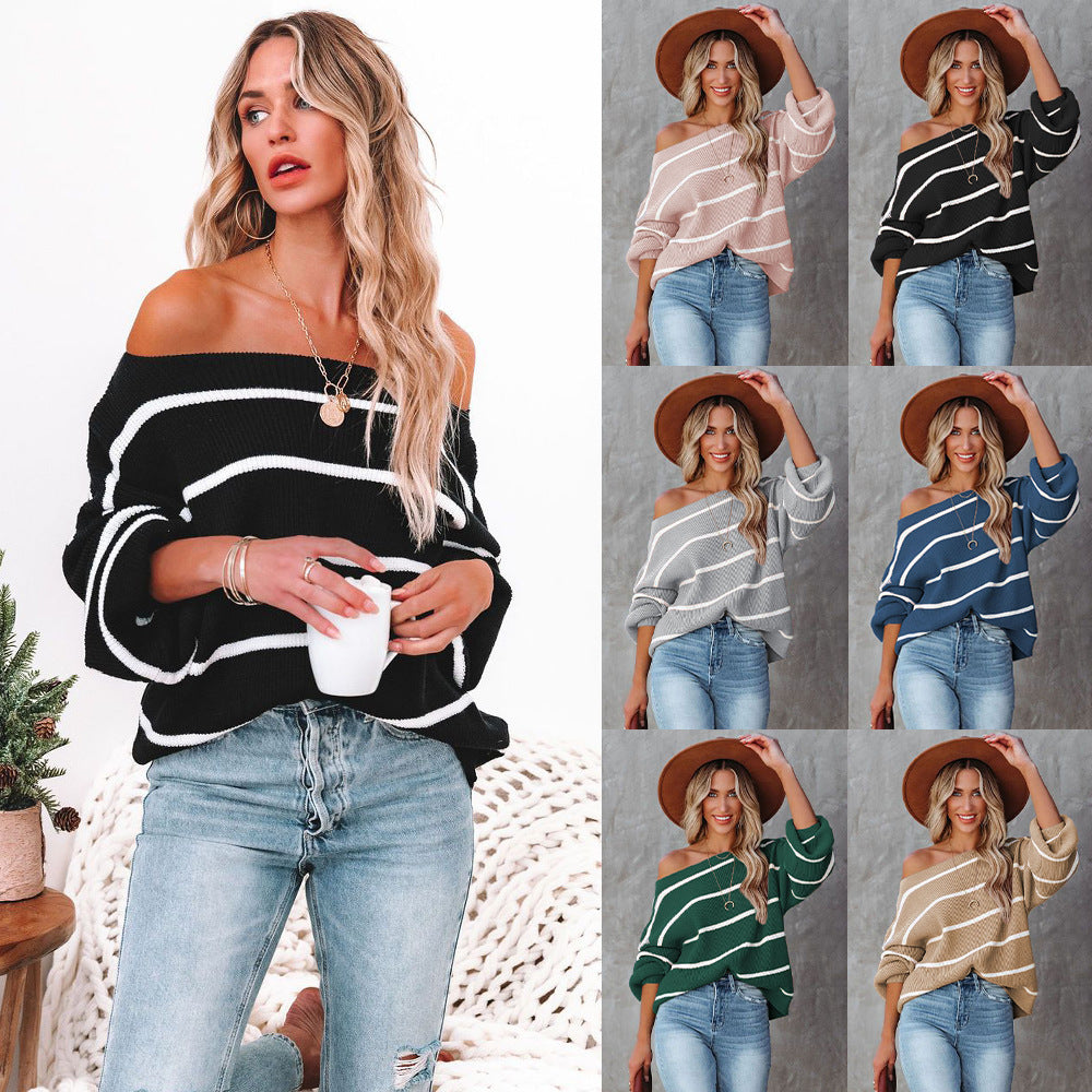 Fashion Long Sleeve Striped off-the-Shoulder Knitted off-the-Neck Pullover Sweater