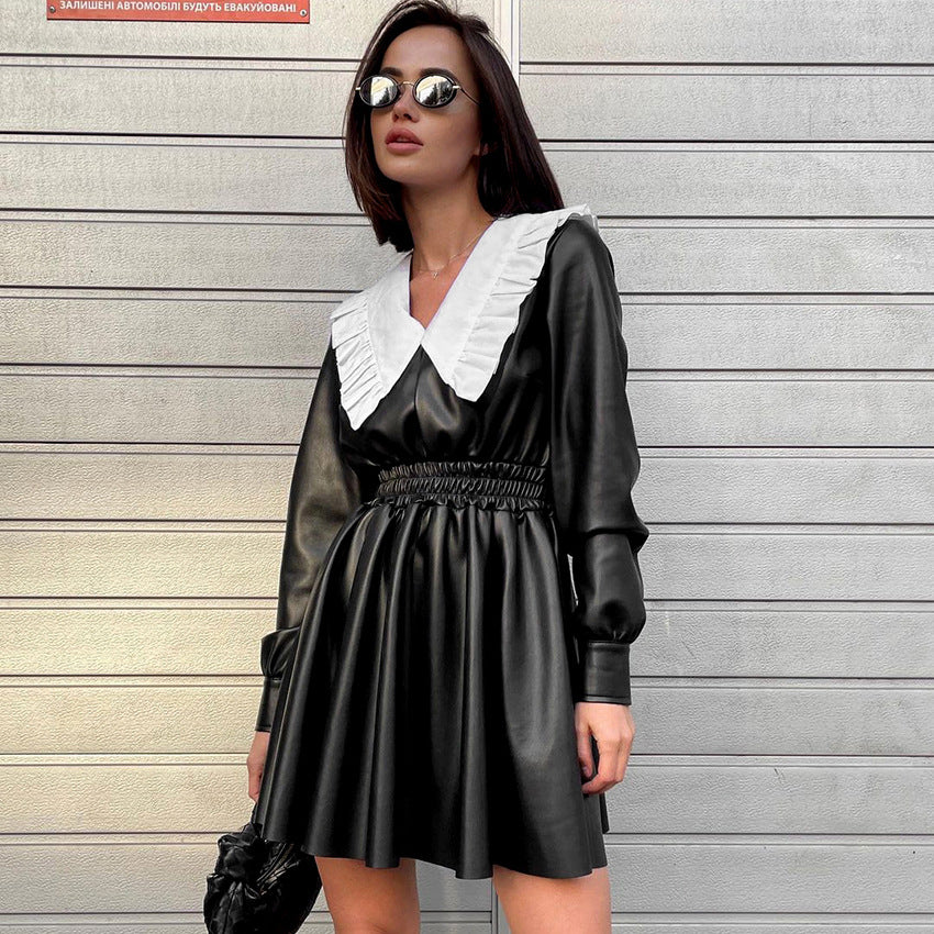 Pu Matte Leather Skirt Dress Doll Collar a-Lineskirt Street Waist Black Dress Punk