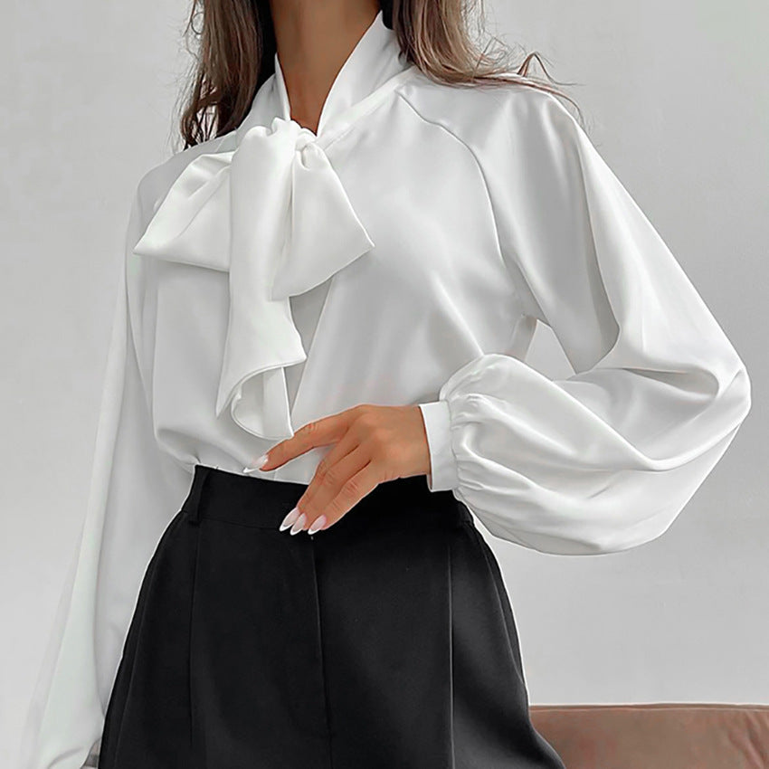 Design Sense French Style Bow Shirt Women's Loose Commuter Satin Base Shirt Young Business Clothing