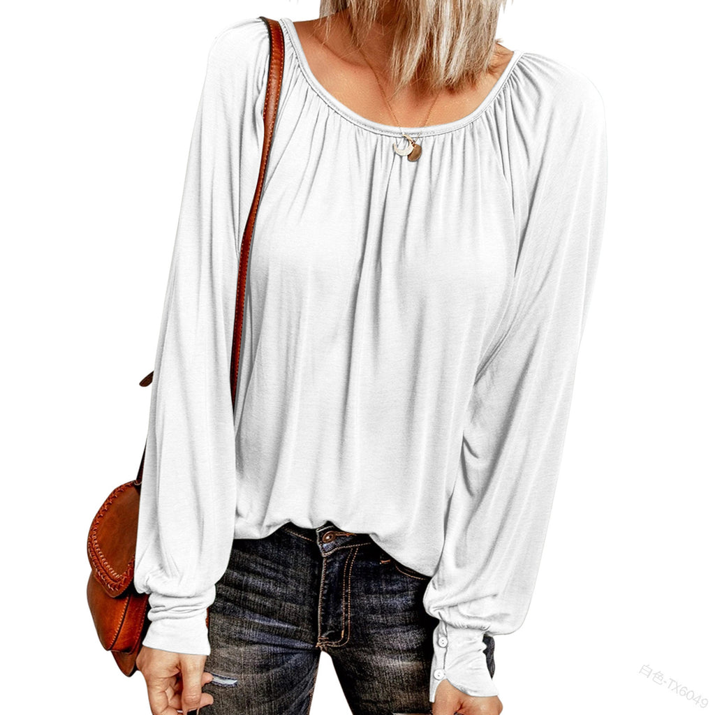 Bestseller Solid Color Crew Neck Casual Pleated Long-Sleeved Top
