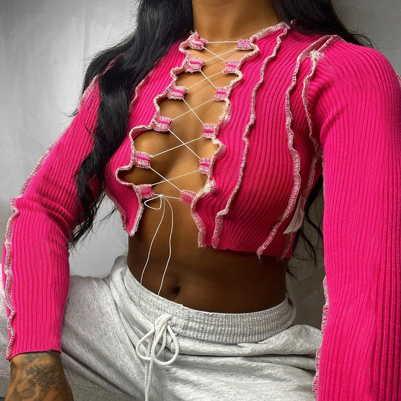 Autumn and Winter Thick Chest Hollow out Stitching Wooden Ear Navel Waist Top Lace-up Long Sleeve T-shirt Women's Clothing
