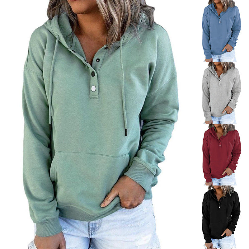 Women's 2021 Autumn and Winter New Amazon Half Cardigan Button Kangaroo Pocket Hooded Sweater for Women