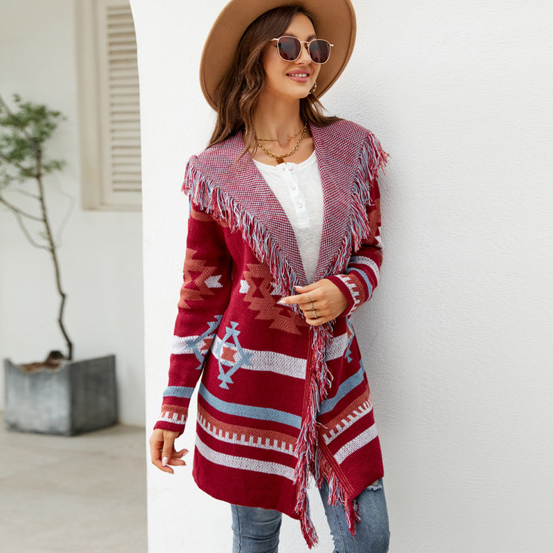 Autumn and Winter European and American Sweater Tassel Hooded Knit Cardigan Geometric Jacquard Long Sweater Coat