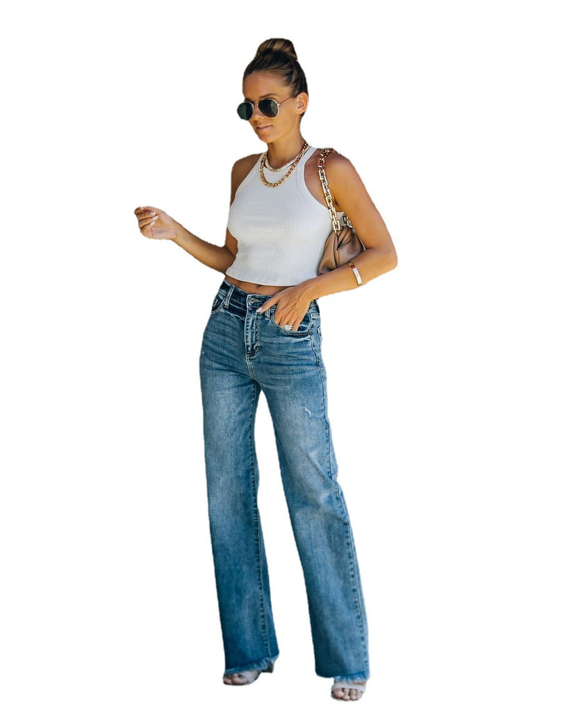 Women's Denim Trousers with Frayed Edges of Washed Wear-White and Mid-Waisted Figure Flattering