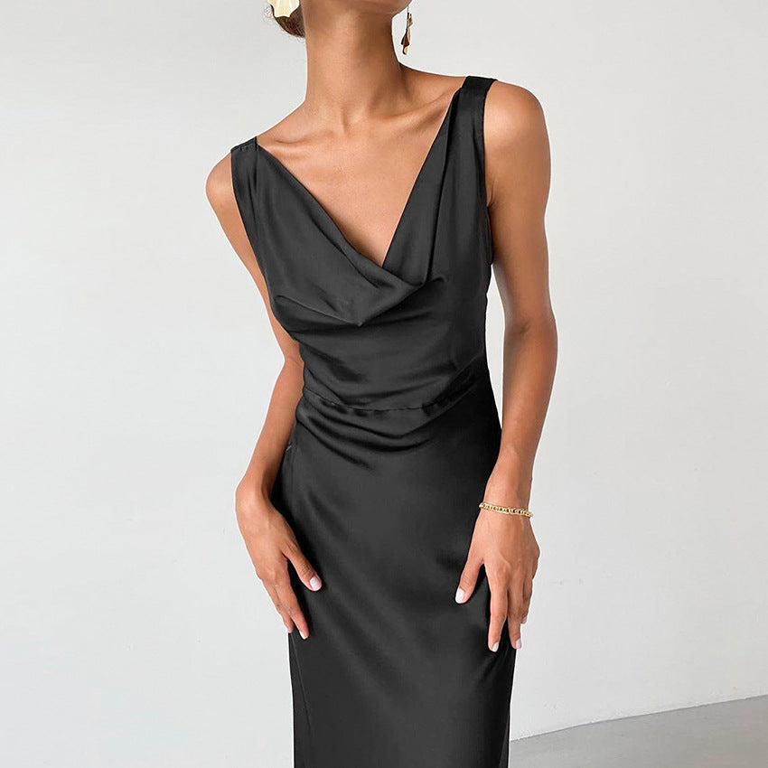 Temperament High Waist Dress All-Matching Base Long Dress Swing Collar Strap European and American Black Dress Dress