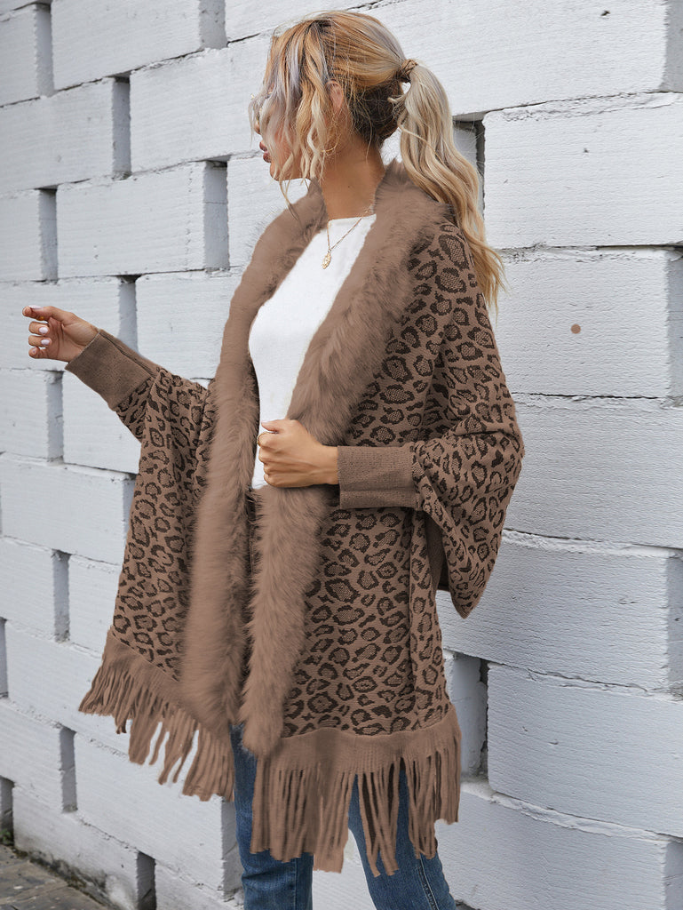 Leopard-Print Sweater Autumn and Winter New Fur Collar Cardigan Shawl Knitted Coat