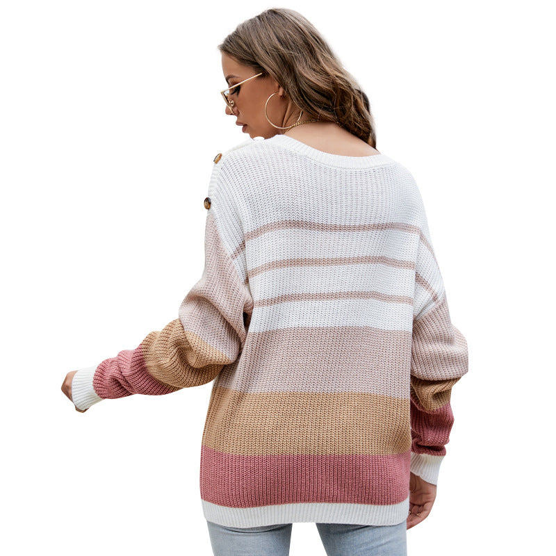 Loose-Fitting Striped Long Sleeves Sweater round Neck Pullover Knitted Sweater