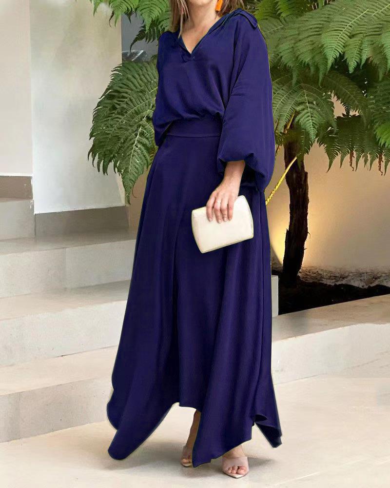 Loose-Fitting Solid Color Long Sleeves Top High Waist Long Skirt Suit