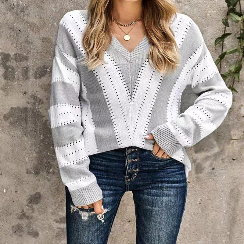 Bestseller V-neck Sweater Loose Color Matching Simple All-Match Large Size Sweater