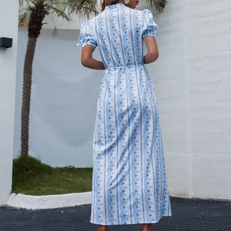 V-neck Short Sleeve and Long Pattern Dress Casual High Waist Print Blue Dress for Women