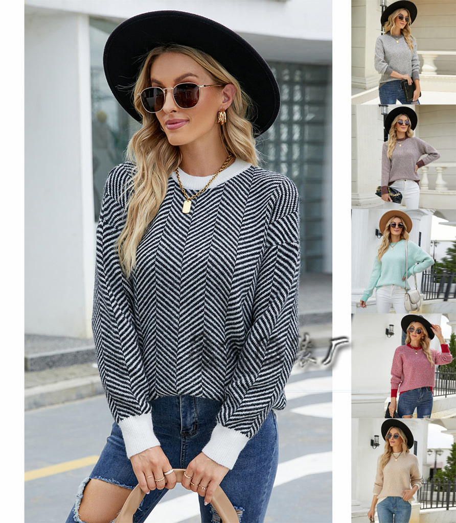 Striped Fashion Long Sleeve round Neck Knitted Loose Splicing Pullover Sweater for Women