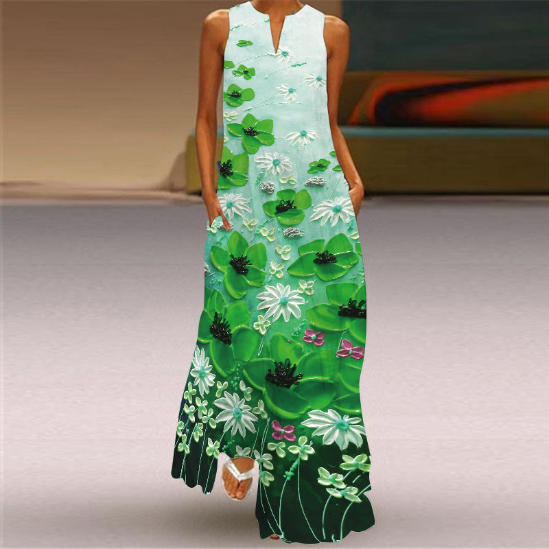 Sleeveless Long Dress V-neck Printed Emerald Dress