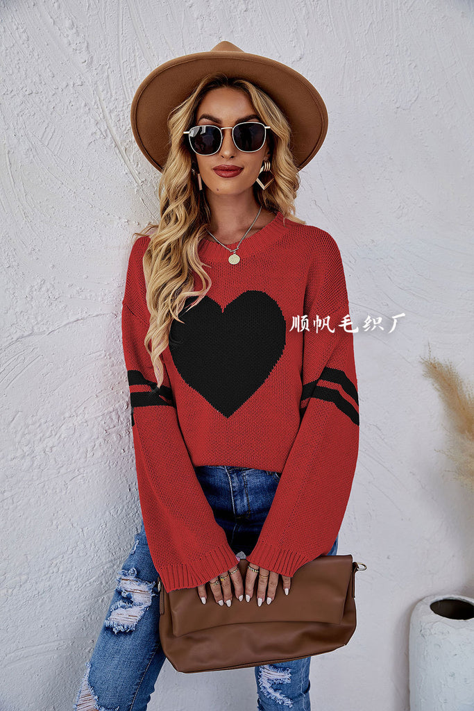 Women's Sweater Loose round Neck Pullover Love Long Sleeve Sweater for Women