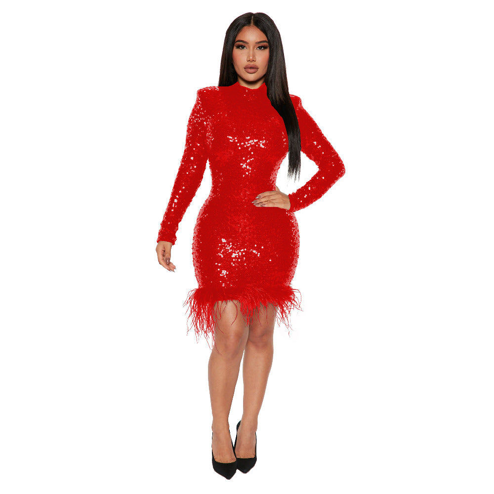 Hip Skirt Long Sleeve round Neck Sequins Feather Party Gathering Dress