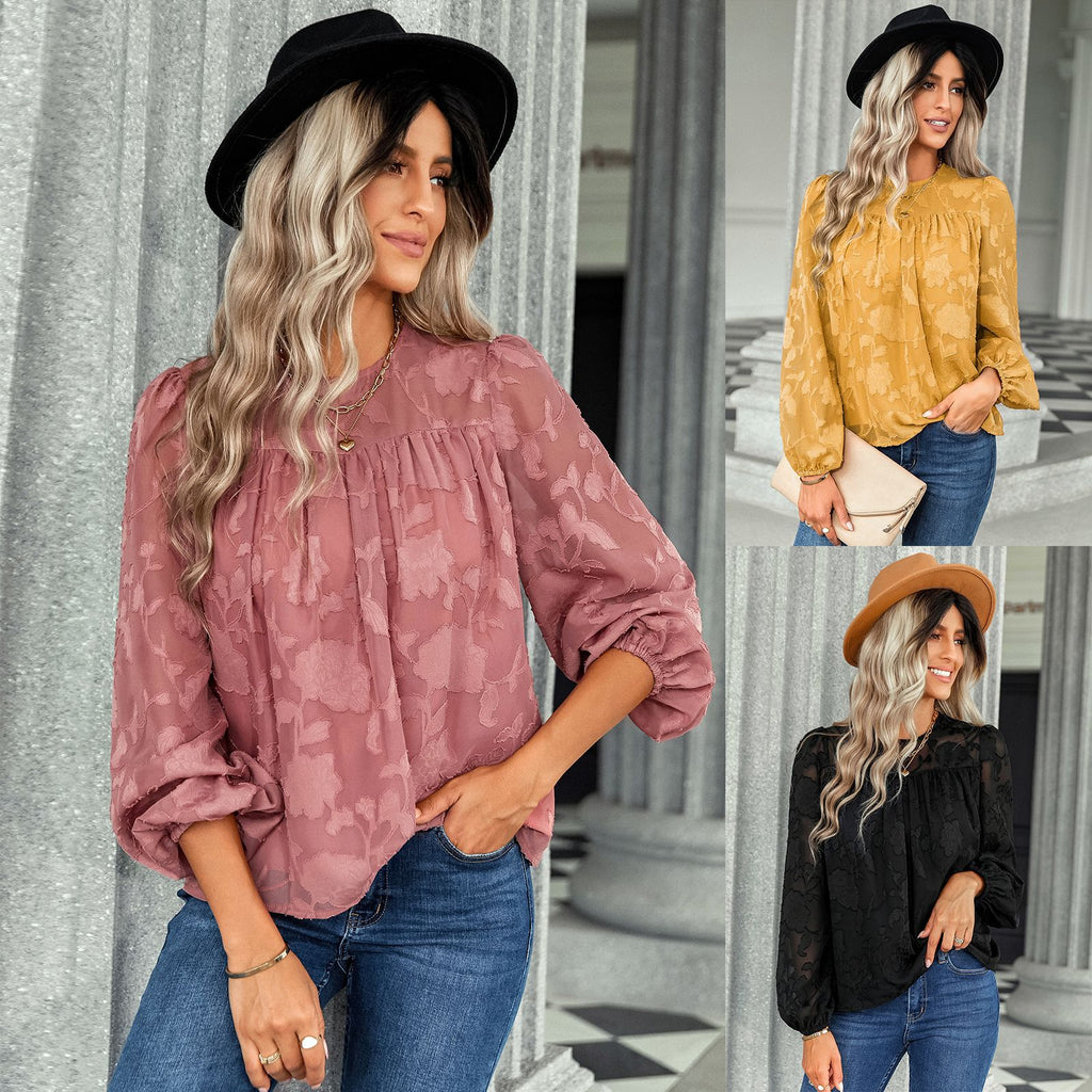 2022 autumn and winter new jacquard round neck top women's American station European and American women's loose chiffon shirt