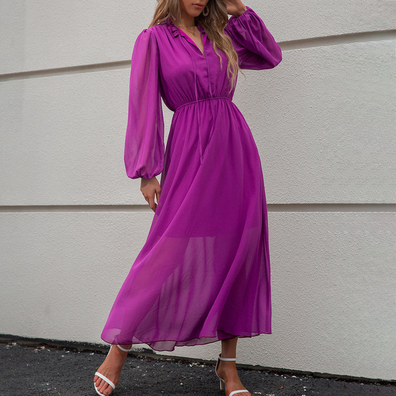 V-neck High-Waist Purple Dress Lace-up Foreign Trade Women's Dress