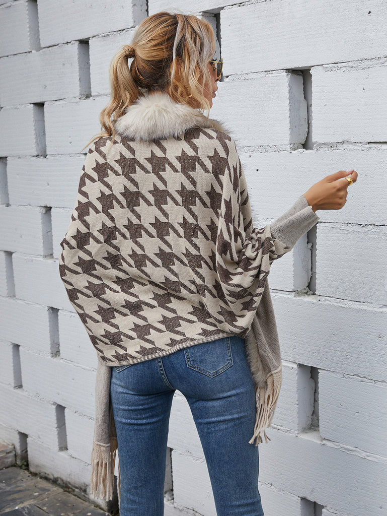 Houndstooth Sweater Autumn and Winter New Fur Collar Cardigan Knitted Coat Women