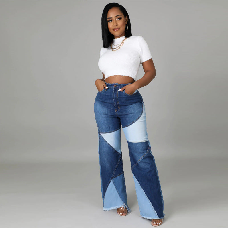 European and American plus Size Women's Clothes Stitching Two-Tone Denim Trousers for Women