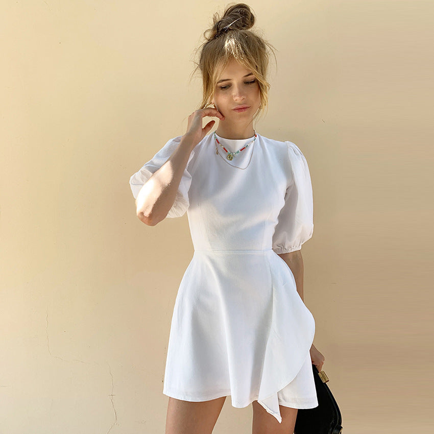 Short Skirt Lantern Sleeve Ruffled Backless Sexy Design French Style Cotton Dress