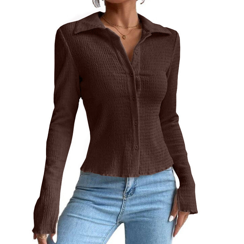 Solid Color Stitching Split Sleeve Cardigan Button Top Lapel T-shirt