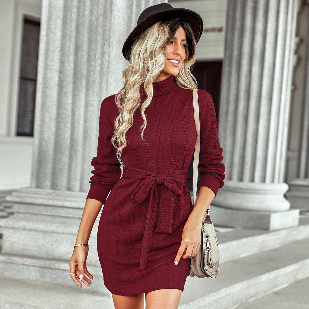 2022 Autumn and Winter New Embroidered Dress Women's Clothing Thermal Turtleneck Lace-up Sheath Dress