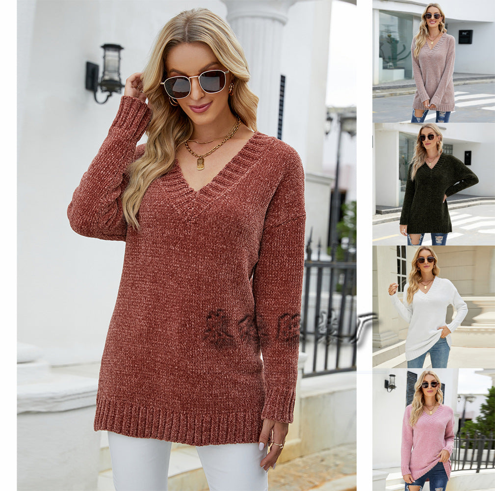 Fashion Long Sleeve V-neck Knitted Loose Loose Pullover Women