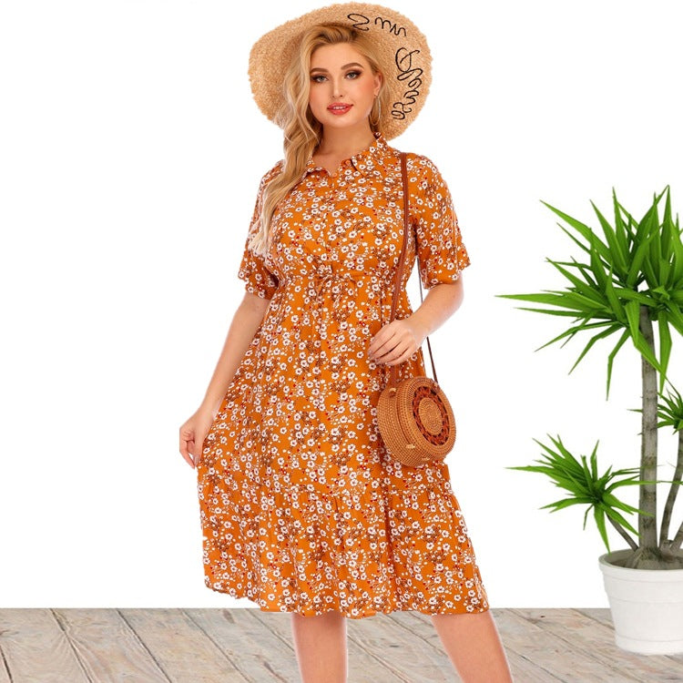 plus Size Women's Clothes Short Sleeve Blouse Collar Printed Dress
