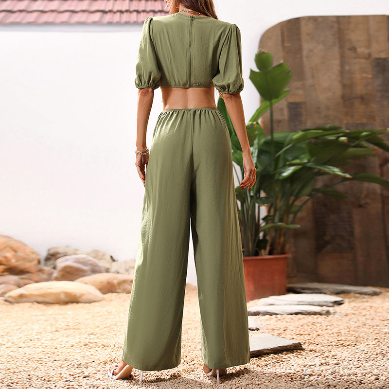 Loose Midriff Outfit V-neck Half Sleeves Army Green Casual Women's Jumpsuit