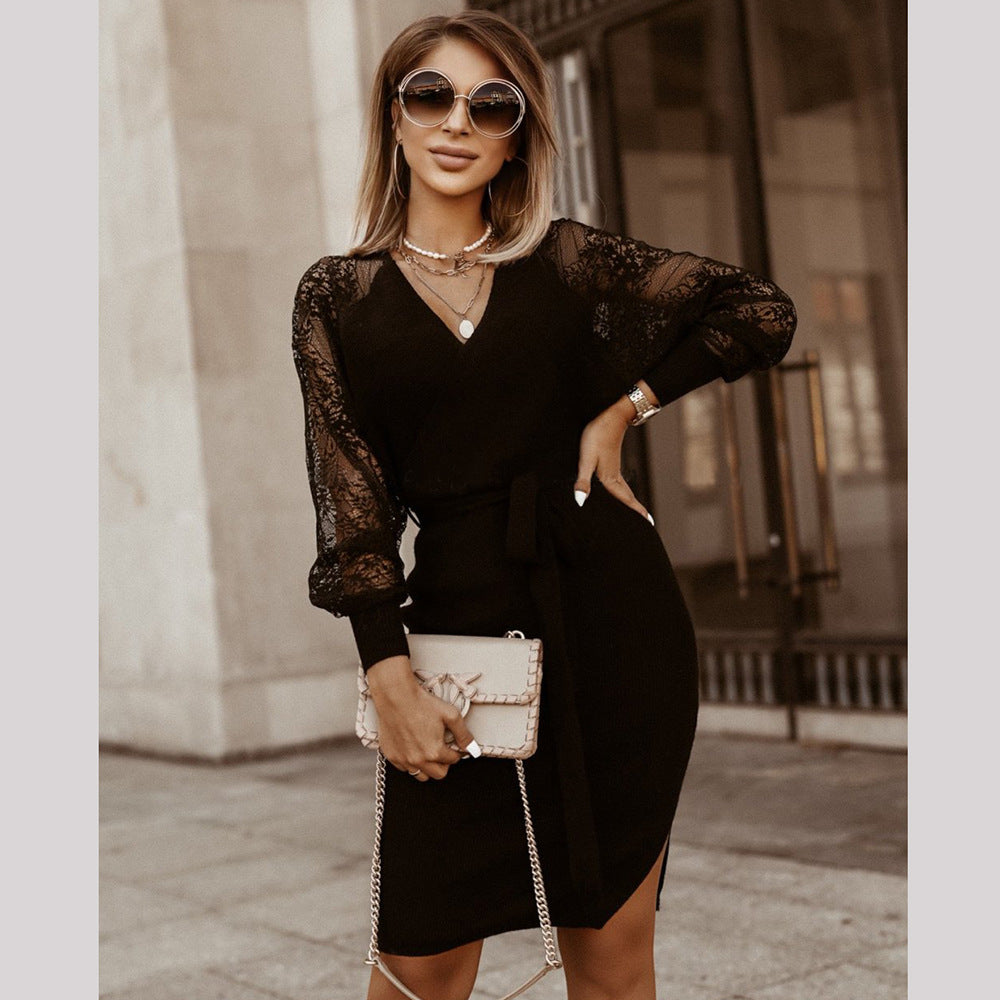 Lace Knitted Dress Long Sleeve Autumn and Winter New Large Women's Dress