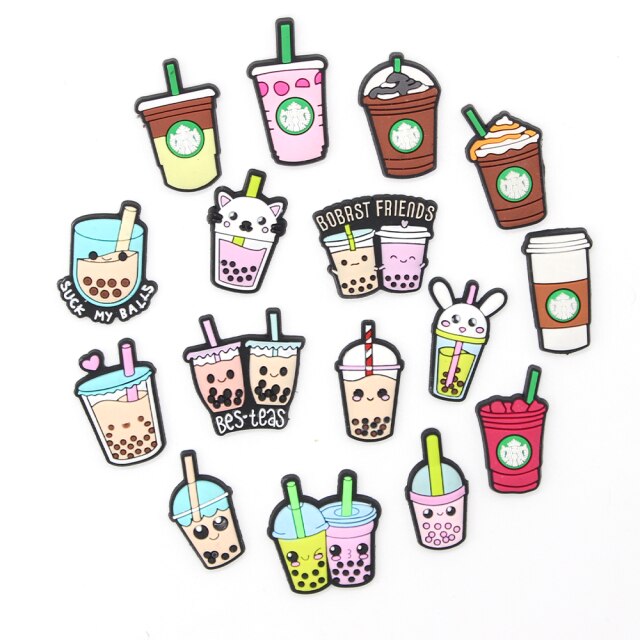 1pc Croc JIBZ Cute Cartoon Milk Tea Shoe Charms For Clogs Garden Sandals Decoration Funny Accessories For Kids Party X-mas Gift