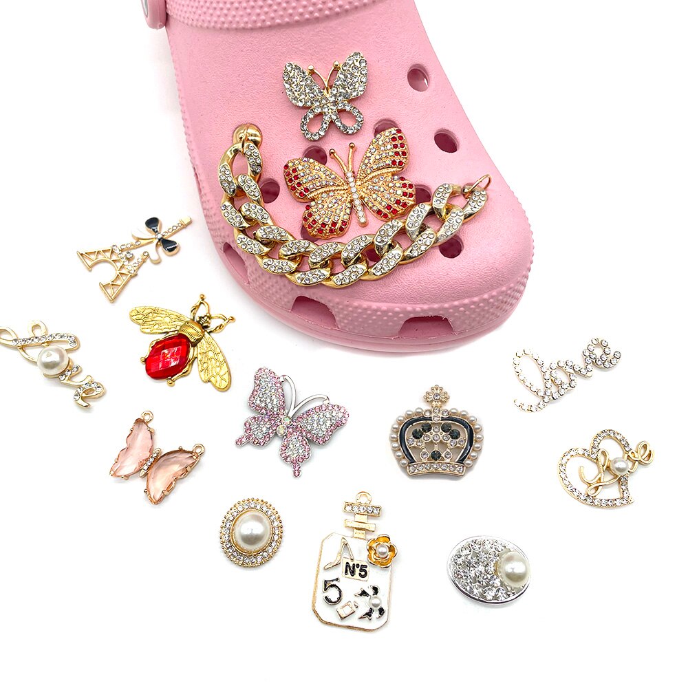 1pcs Jewelry Metal Shoe Charms Diamond butterfly Shoe Aceessories high quality Decorations Fit women croc Clogs girls Gifts jibz